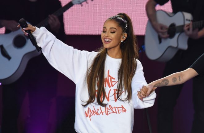 MANCHESTER, ENGLAND - JUNE 04: NO SALES, free for editorial use. In this handout provided by 'One Love Manchester' benefit concert (L) Ariana Grande and Miley Cyrus perform on stage on June 4, 2017 in Manchester, England. Donate at www.redcross.org.uk/love (Photo by Getty Images/Dave Hogan for One Love Manchester)