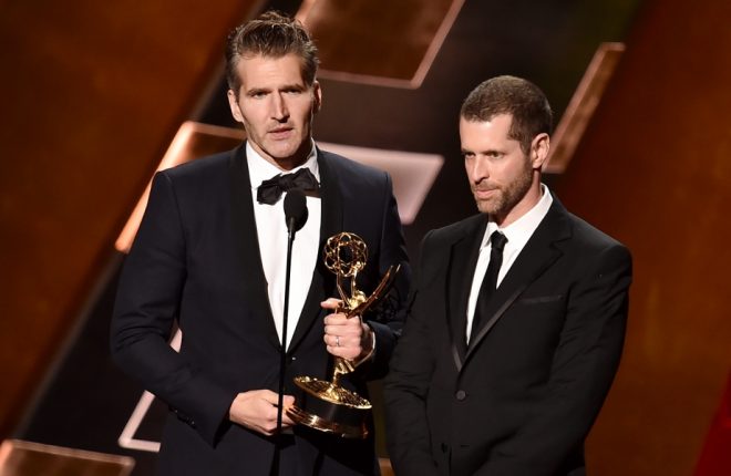 LOS ANGELES, CA - SEPTEMBER 20: Writers David Benioff (L) and D.B. Weiss accept Outstanding Writing for a Drama Series award for 'Game of Thrones' onstage during the 67th Annual Primetime Emmy Awards at Microsoft Theater on September 20, 2015 in Los Angeles, California. (Photo by Kevin Winter/Getty Images)