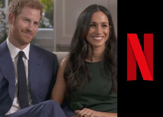 Harry e Meghan Markle em entrevista à BBC ao lado do logo da Netflix (Reprodução/Divulgação)