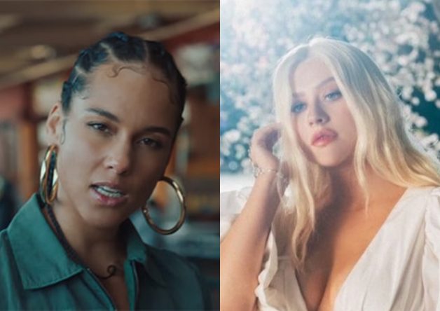 Alicia Keys no clipe de "Underdog" e Christina Aguilera em "Fall On Me" (Reprodução)