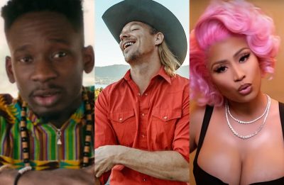 Mr. Eazi no clipe de "Money", Diplo em foto publicada no Instagram e Nicki Minaj no clipe de "Nice to Meet Ya" (Reprodução)