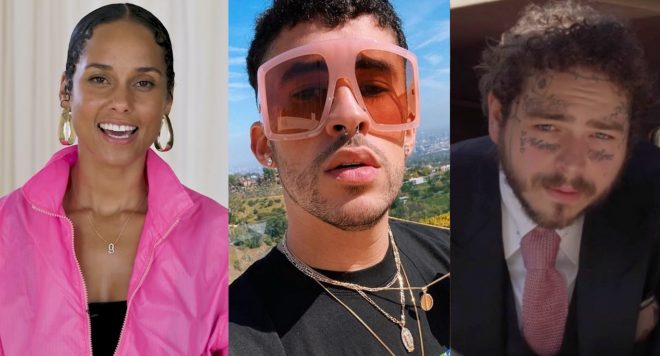 Alicia Keys em entrevista/Selfie de Bad Bunny/Post Malone em clipe (Reprodução)