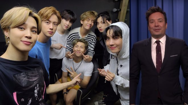 Selfie do BTS nos bastidores de gravação/Jimmy Fallon em monólogo de talk show (Reprodução)