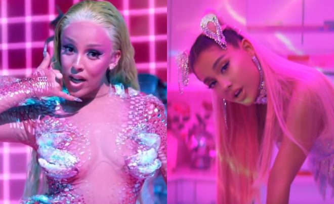 Doja Cat no VMA 2020 e Ariana Grande no clipe de "7 Rings" (Reprodução)