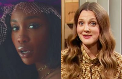 SZA no clipe de "Drew Barrymore" e Drew Barrymore apresentando o próprio talk show (Reprodução)