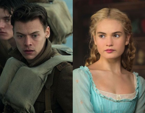 Harry Styles em "Dunkirk" e Lily James em "Cinderela" (Reprodução)