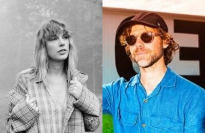 Taylor Swift em foto promocional de "folklore" (Divulgação) e Aaron Dessner em foto postada no Instagram (Reprodução)