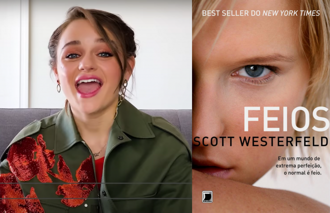 Joey King em vídeo da Netflix (Reprodução)/Capa de "Feios" (Divulgação)