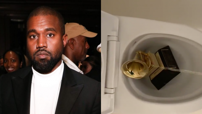 Kanye West em festa (Getty Images)/Kanye fazendo xixi em Grammy (Reprodução)