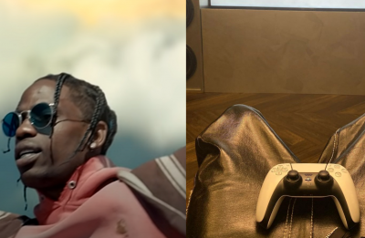 Travis em cena de videoclipe (Reprodução)/Travis com controle de videogame (Reprodução)