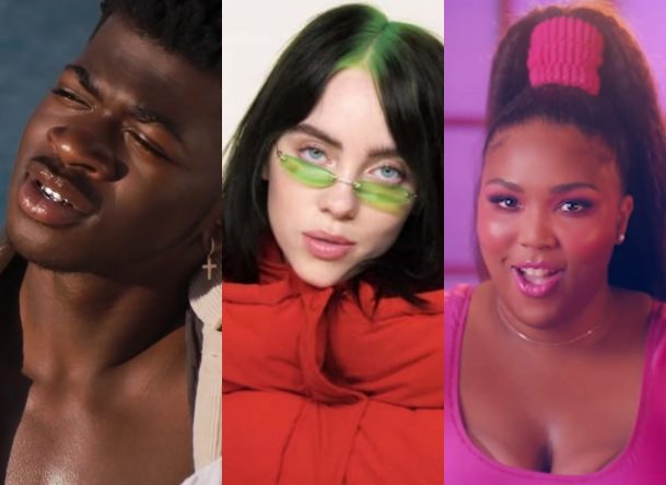 Lil Nas X em vídeo da Fenty Skin, Billie Eilish em vídeo da ELLE e Lizzo no clipe de "Juice" (Reprodução)