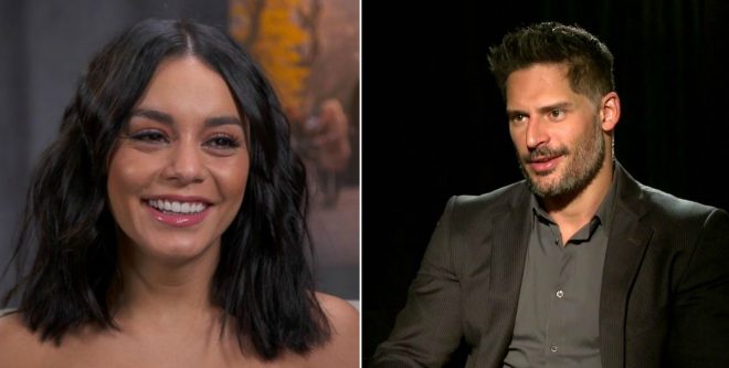 Vanessa Hudgens em entrevista e Joe Manganiello em entrevista (Reprodução)