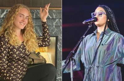 Adele em foto postada no Instagram e H.E.R. em show no Rock In Rio (Reprodução)