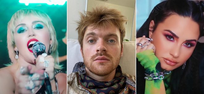 Miley em apresentação no "The Tonight Show", Finneas em foto postada no Instagram e Demi em clipe de "OK Not To Be OK" (Reprodução)