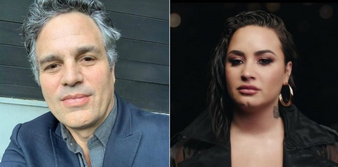 Mark Ruffalo em selfie postada no Instagram e Demi Lovato no clipe de "Commander In Chief" (Reprodução)
