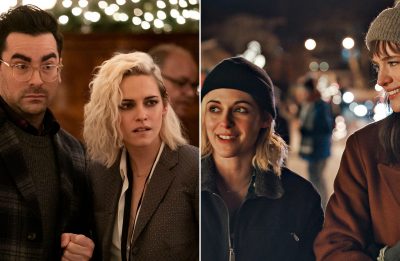 Dan Levy, Kristen Stewart e Mackenzie Davis em "Happiest Season" (Divulgação)