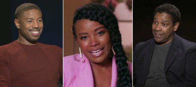 Michael B. Jordan, Chante Adams e Denzel Washington em entrevistas (Reprodução)