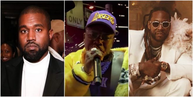 Kanye West em evento (Getty Images), DaBaby no VMA 2020 (Reprodução) e 2 Chainz em clipe de "7 rings" (Divulgação)