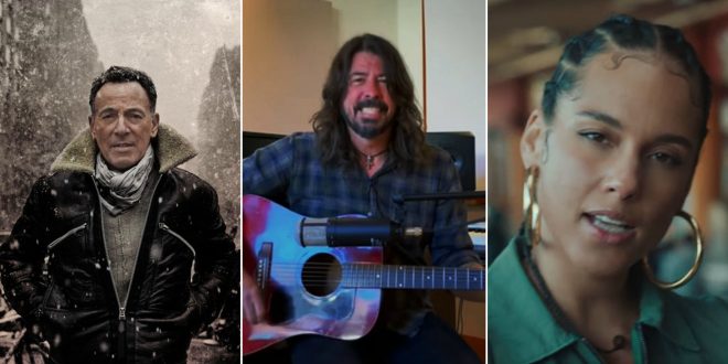 Bruce Springsteen em imagem promocional (Divulgação)/ Dave Grohl em evento virtual (Reprodução)/Alicia Keys no clipe de "Underdog" (Reprodução)