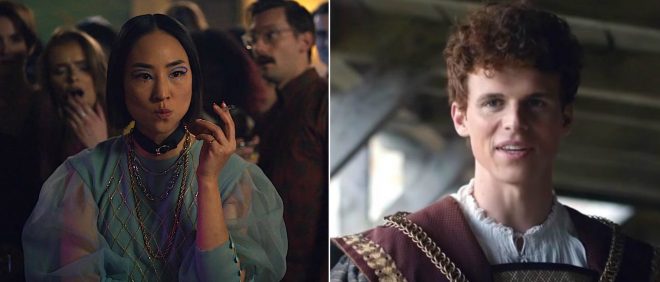 Greta Lee em "Boneca Russa" e Ruairi O’Connor em "The Spanish Princess" (Reprodução)