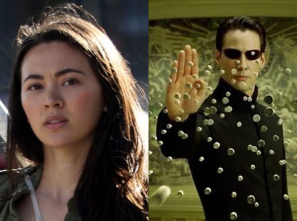Jessica Henwick na série "Punho de Ferro" e Keanu Reeves em cena de "Matrix" (Reprodução)
