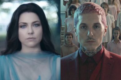 Amy Lee no clipe de "Speak To Me" e cena do clipe de "Mantra", do Bring Me The Horizon (Reprodução)
