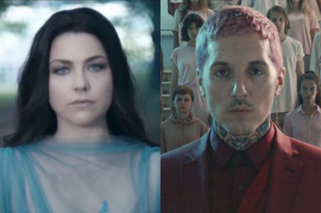 Amy Lee no clipe de "Speak To Me" e cena do clipe de "Mantra", do Bring Me The Horizon (Reprodução)