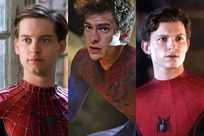 Tobey Maguire, Andrew Garfield e Tom Holland em filmes do Homem-Aranha (Reprodução)