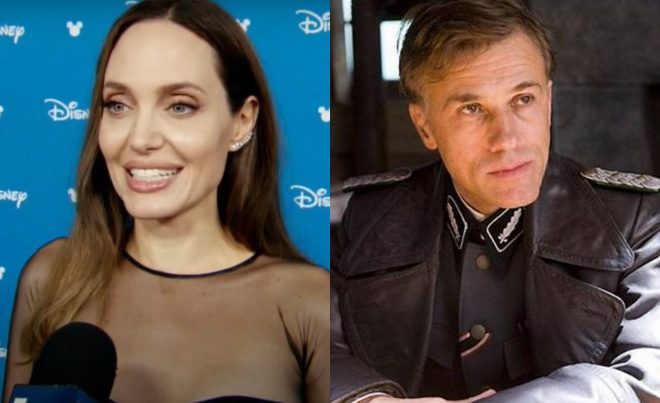 Angelina Jolie em entrevista e Christoph Waltz em "Bastardos Inglórios" (Reprodução/Divulgação)
