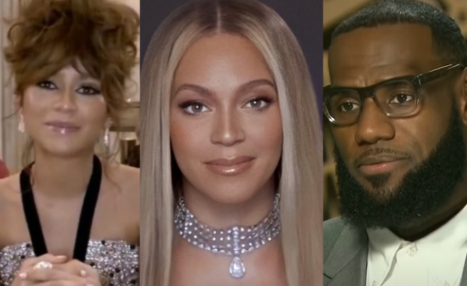 Zendaya durante o Emmy / Beyoncé em discurso para o Youtube / Lebron James durante entrevista (Reprodução)