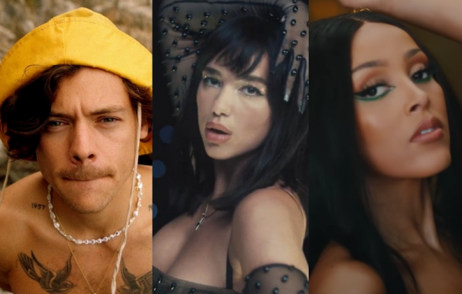 Cena de "Golden" (Reprodução)/Cena de "Levitating" (Reprodução)/Cena de "Baby, I'm Jealous" (Reprodução)