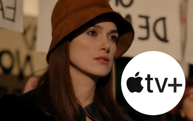 Keira em "Misbehaviour" (Reprodução)/Logo da AppleTV+ (Divulgação)