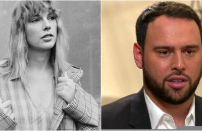 Taylor Swift em foto promocional e Scooter Braun em entrevista (Divulgação/Reprodução)