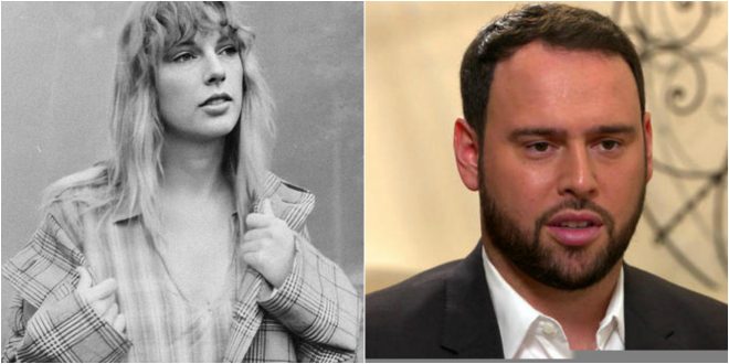 Taylor Swift em foto promocional e Scooter Braun em entrevista (Divulgação/Reprodução)
