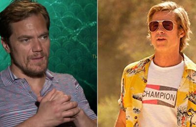 Michael Shannon em entrevista e Brad Pitt em "Era Uma Vez em... Hollywood" (Reprodução)