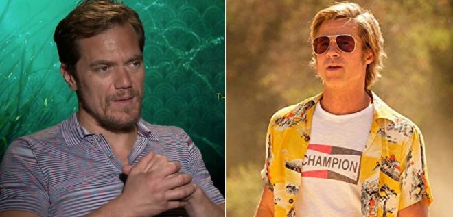 Michael Shannon em entrevista e Brad Pitt em "Era Uma Vez em... Hollywood" (Reprodução)