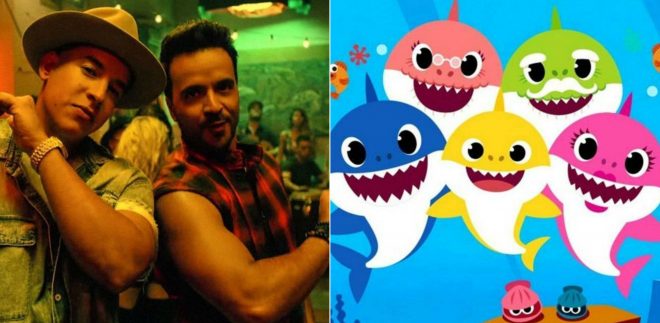 Luis Fonsi e Daddy Yankee no clipe de "Despacito" (Reprodução) e imagem promocional de "Baby Shark" (Divulgação)