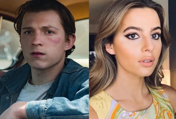 Tom Holland em "O Diabo de Cada Dia" e Nadia Parkes em foto publicada no Instagram (Reprodução)