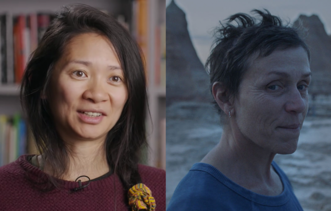 Zhao foi premiada pela direção em "Nomadland" (Reprodução / Youtube; Searchlight Pictures / Divulgação)